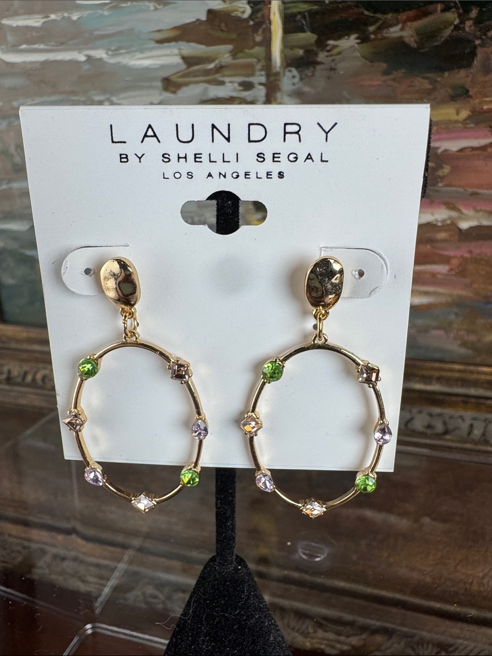 0595-Laundry By Shelli Segal Gold Hoop Earrings with Green & Purple Stones